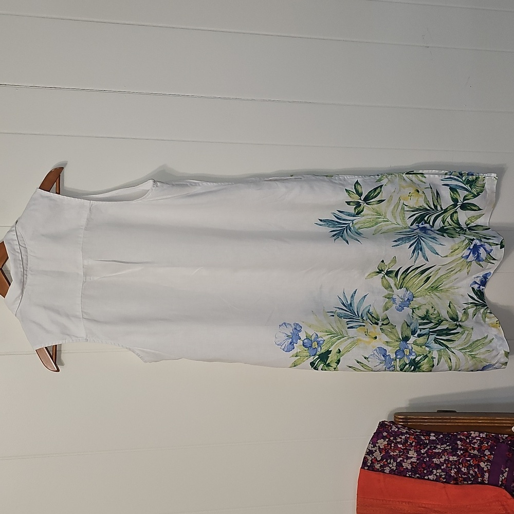 Tommy Bahama White 100% Linen Button Up Shift Dress Womens L Tropical Floral EUC - Picture 3 of 12